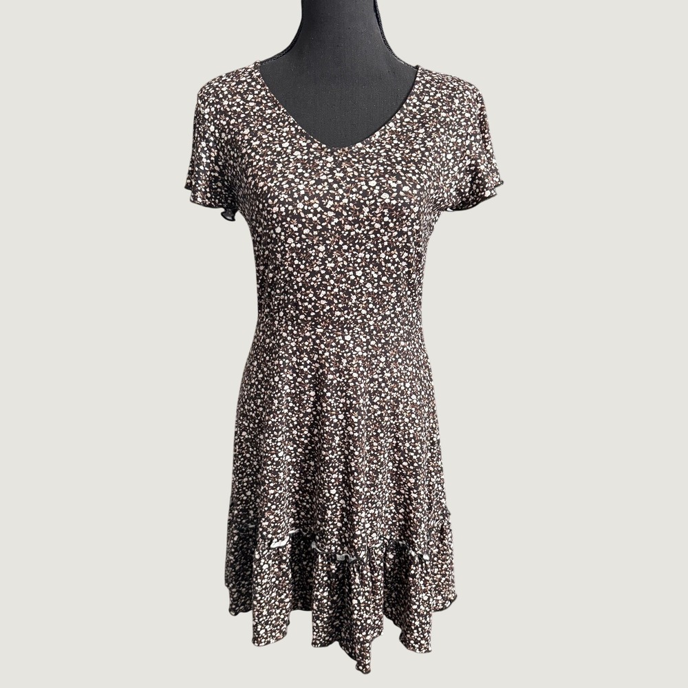 Romantic Y2K Floral Fancy V-Neck Ruffle Boho Hem Fit & Flare Dress Black XS
